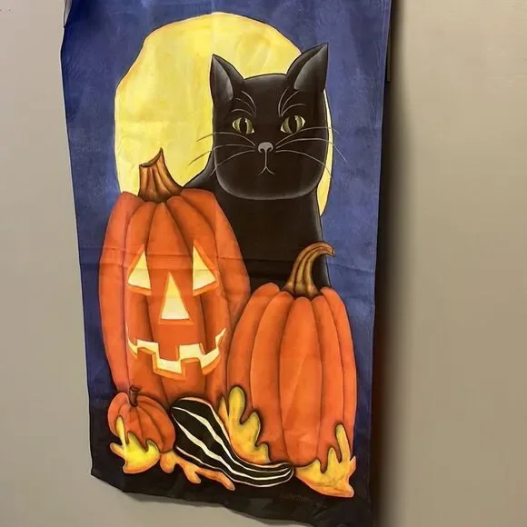 Halloween Night Large Flag with Cat, Jack O’ Lantern, Pumpkin, Leaves and Gourds - Picture 7 of 12